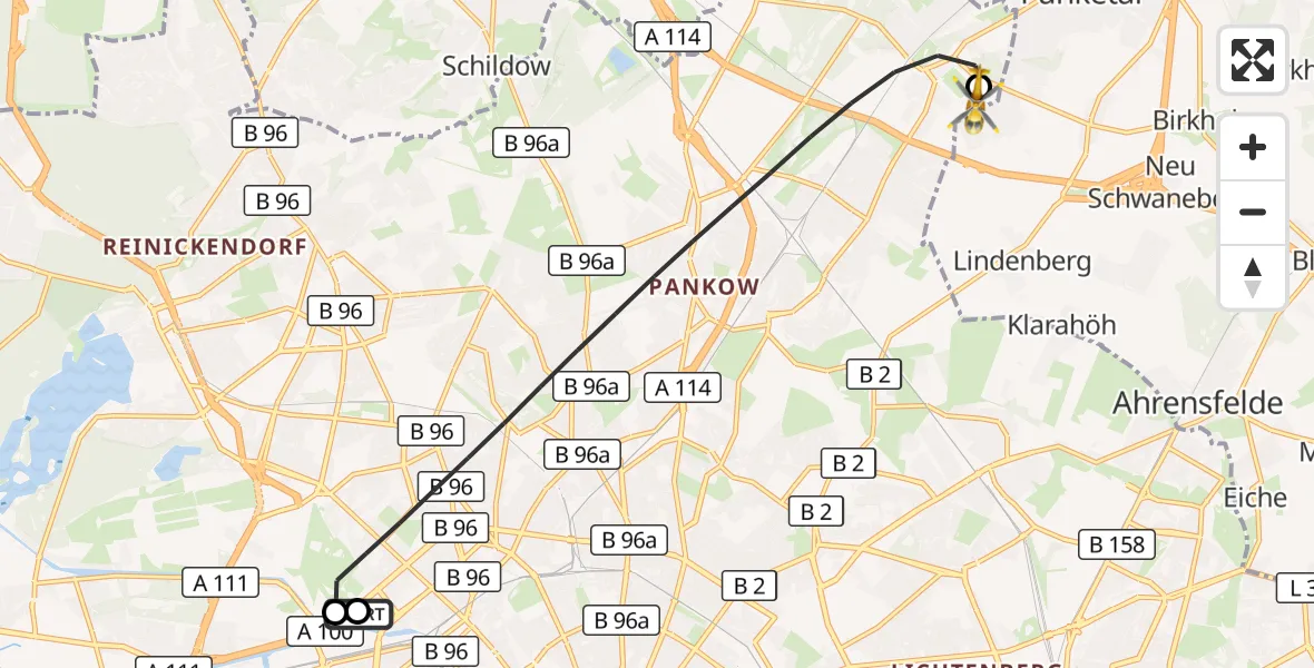 Flugroute Rettungshubschrauber Charité Clinic Virchow Campus - Helios Clinic Berlin-Buch, 12 Oktober 2026, 11:44