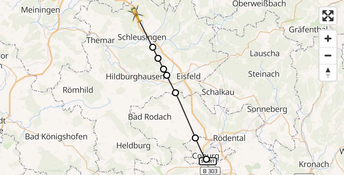 Flugroute Rettungshubschrauber Regiomed Hospital Coburg - Schleusingen, 12 Oktober 2026, 11:47