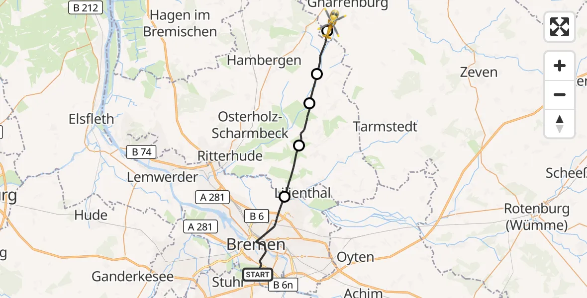 Flugroute Rettungshubschrauber Bremen - Gnarrenburg, 12 Oktober 2026, 11:54