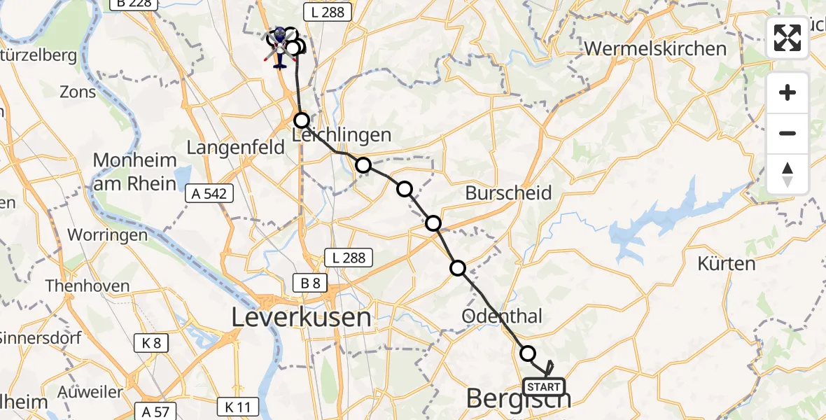 Flugroute Polizeihubschrauber Bergisch Gladbach - Langenfeld (Rhld.), 12 Oktober 2026, 12:06