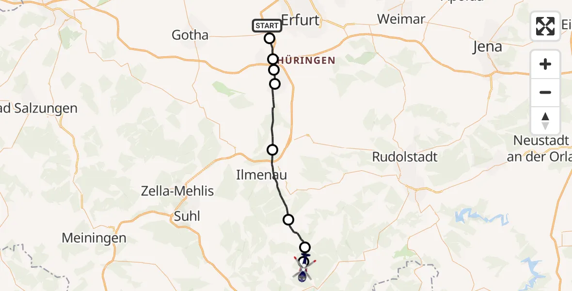 Flugroute Polizeihubschrauber Erfurt - Goldisthal, 12 Oktober 2026, 12:15