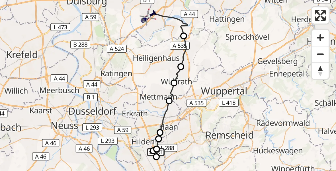 Flugroute Polizeihubschrauber Langenfeld (Rhld.) - Essen, 12 Oktober 2026, 12:19