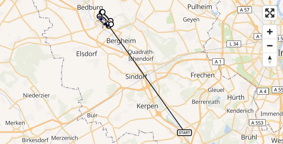 Flugroute Polizeihubschrauber Erftstadt - Bergheim Flugplatz, 12 Oktober 2026, 12:21