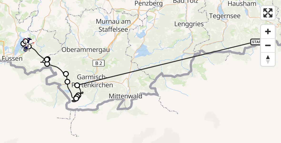Flugroute Polizeihubschrauber Schliersee - Halblech, 12 Oktober 2026, 12:25