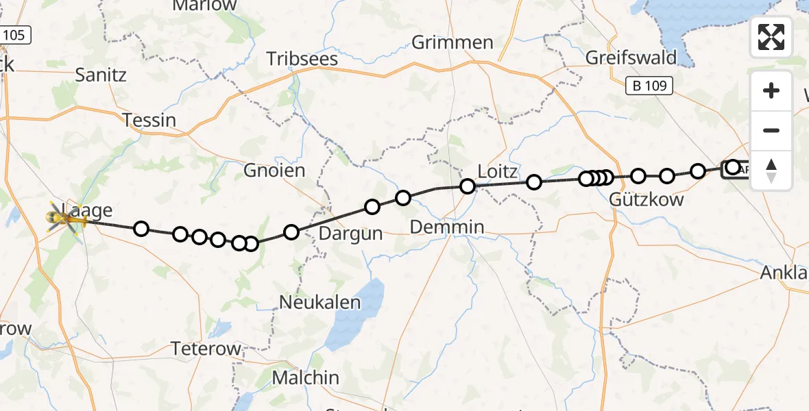 Flugroute Rettungshubschrauber Karlsburg - Laage, 12 Oktober 2026, 12:26