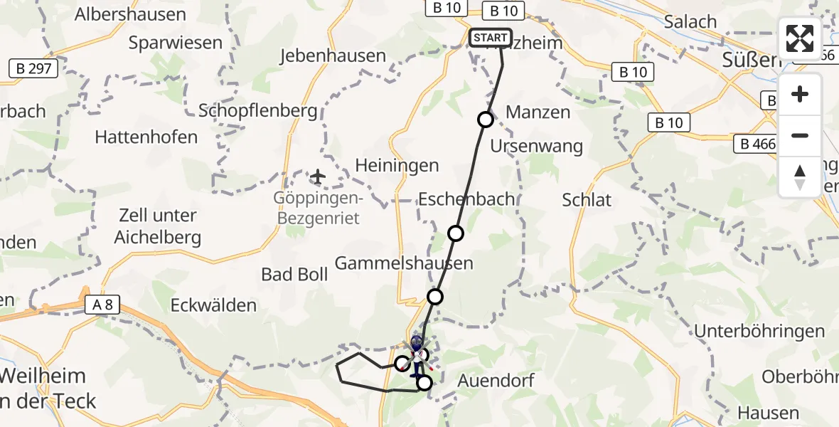 Flugroute Polizeihubschrauber Göppingen - Gruibingen-Nortel Flugplatz, 12 Oktober 2026, 12:28