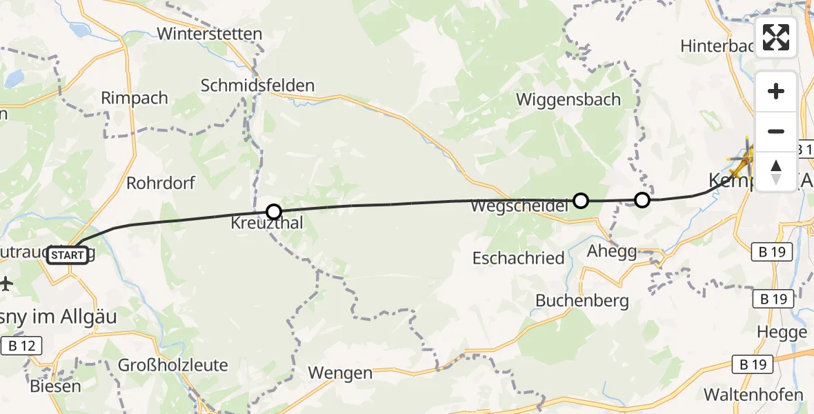 Flugroute Rettungshubschrauber Isny im Allgäu - Kempten (Allgäu), 12 Oktober 2026, 12:32