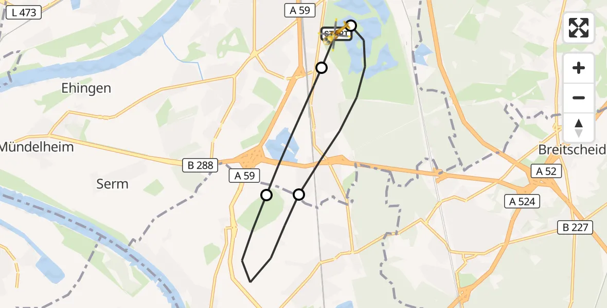 Flugroute Rettungshubschrauber Duisburg Air Rescue Hubschrauberlandeplatz (Christoph 9) - Duisburg Air Rescue Hubschrauberlandeplatz (Christoph 9), 12 Oktober 2026, 12:38
