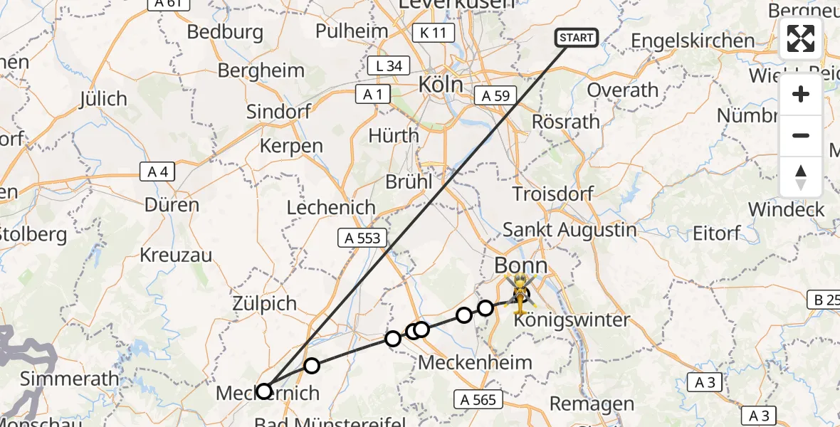 Flugroute Ambulanzhubschrauber Bergisch Gladbach - Bonn University Hospital, 12 Oktober 2026, 12:40