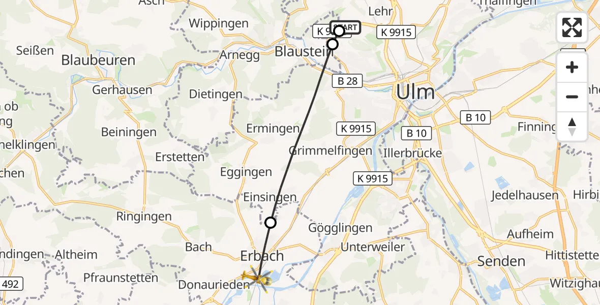 Flugroute Rettungshubschrauber Ulm Military Hospital Emergency - Erbach, 12 Oktober 2026, 12:42