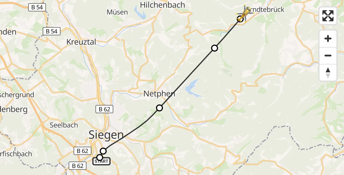 Flugroute Rettungshubschrauber Evangelisches Jung-Stilling Hospital - Erndtebrück, 12 Oktober 2026, 12:55