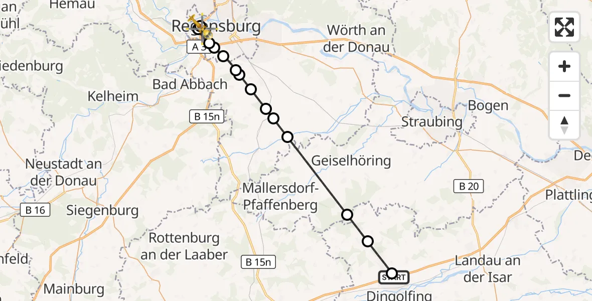 Flugroute Rettungshubschrauber Dingolfing - Barmherzige Brüder (Brothers of Mercy) Hospital Regensburg, 12 Oktober 2026, 12:56