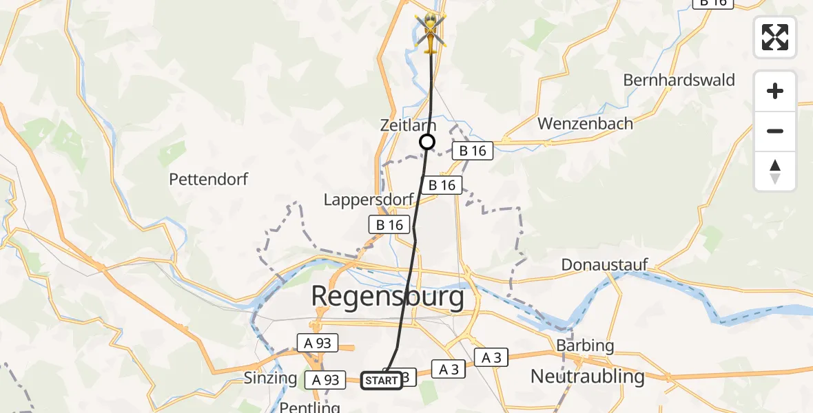 Flugroute Rettungshubschrauber Regensburg - Regenstauf, 12 Oktober 2026, 13:01