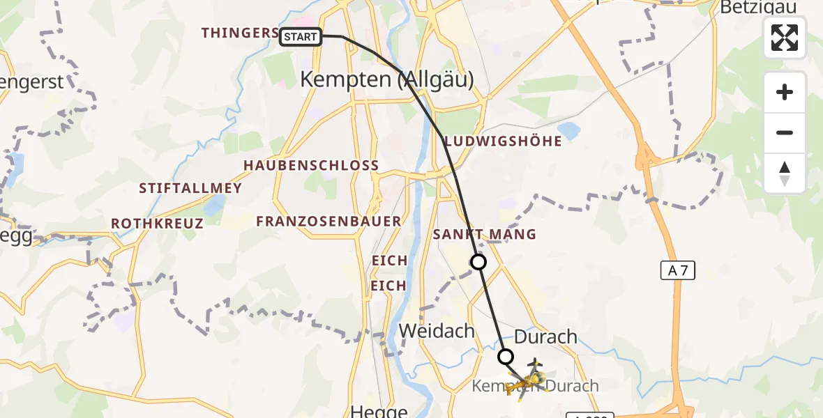 Flugroute Rettungshubschrauber Kempten (Allgäu) - Kempten-Durach Flugplatz, 12 Oktober 2026, 13:02