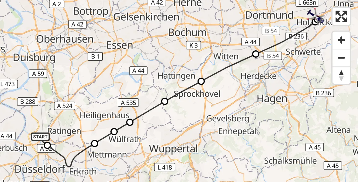 Flugroute Polizeihubschrauber Düsseldorf Flughafen - Dortmund Flughafen, 12 Oktober 2026, 13:03