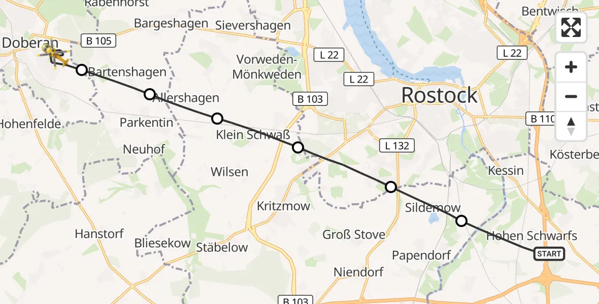 Flugroute Ambulanzhubschrauber Dummerstorf - Bad Doberan, 12 Oktober 2026, 13:03