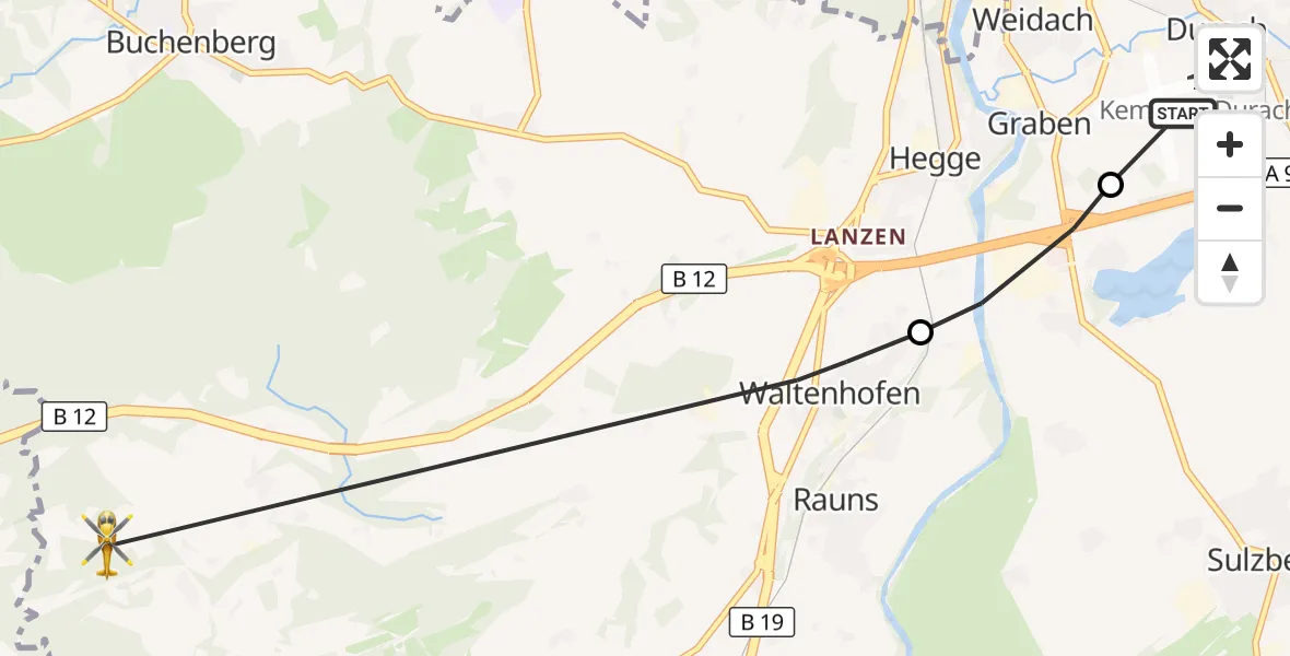 Flugroute Rettungshubschrauber Kempten-Durach Flugplatz - Waltenhofen, 12 Oktober 2026, 13:10