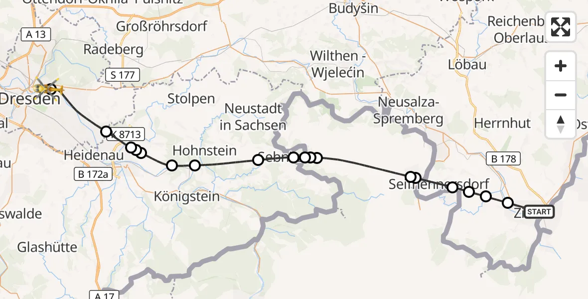 Flugroute Ambulanzhubschrauber Zittau - Dresden Elbwiesen Hubschrauberlandeplatz, 12 Oktober 2026, 13:12