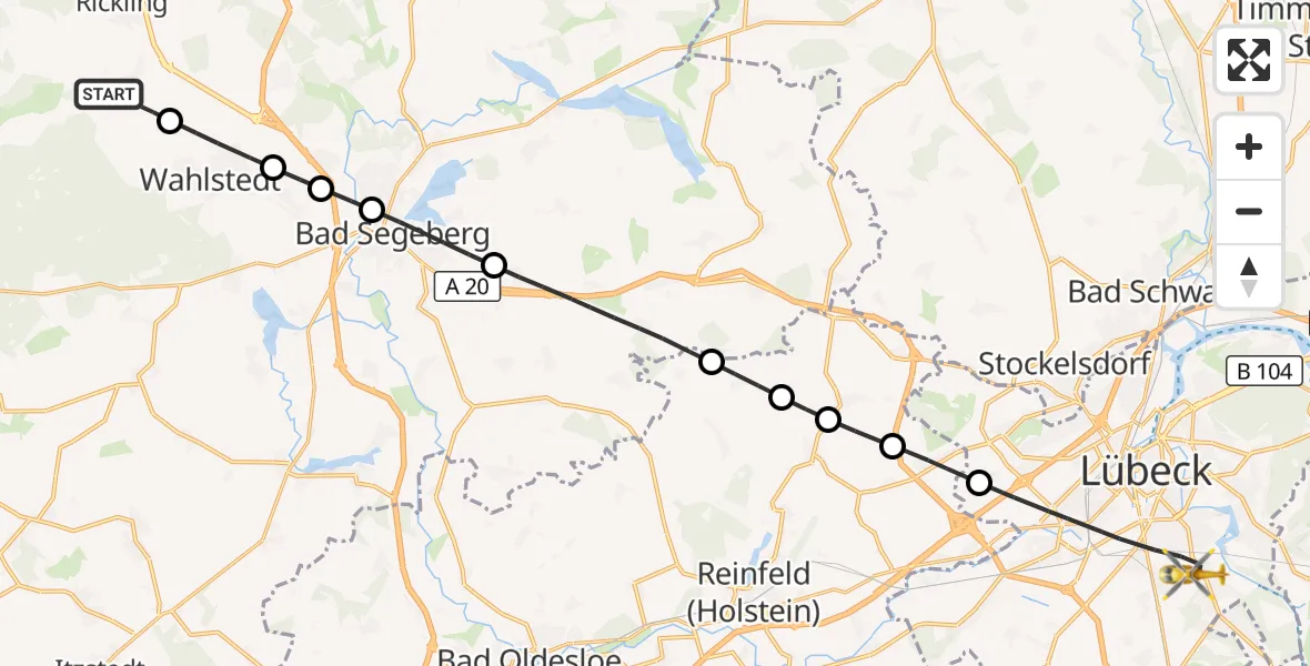 Flugroute Rettungshubschrauber Rickling - Lübeck, 12 Oktober 2026, 13:12