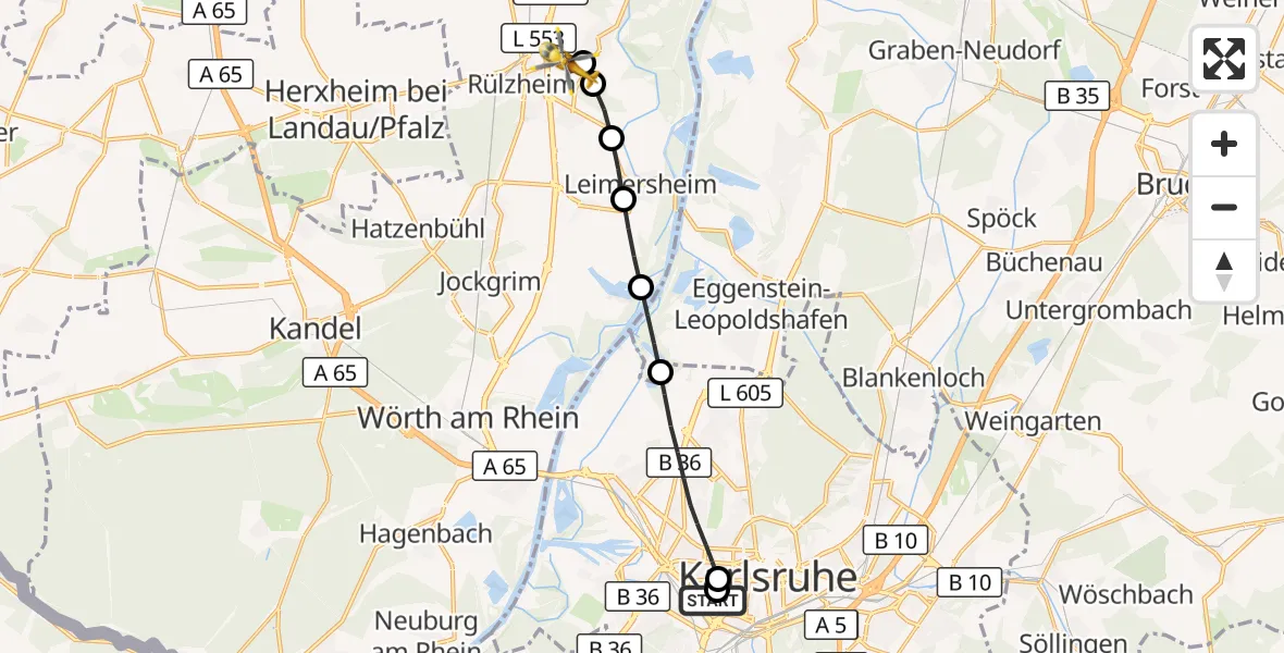 Flugroute Ambulanzhubschrauber Sankt Vincentius Hospital - Rülzheim, 12 Oktober 2026, 13:13
