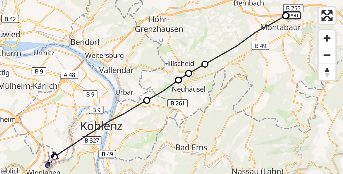 Flugroute Polizeihubschrauber Autobahn Police Heiligenroth Hubschrauberlandeplatz - Koblenz-Winningen Flugplatz, 12 Oktober 2026, 13:14