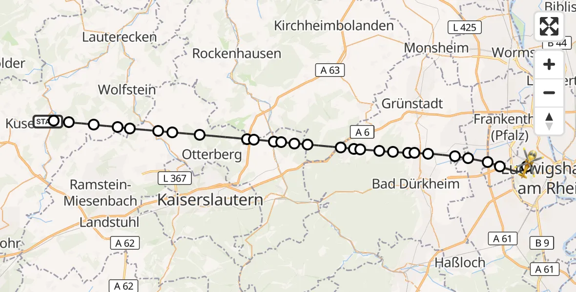 Flugroute Rettungshubschrauber Rammelsbach - Ludwigshafen Accident Hospital, 12 Oktober 2026, 13:14