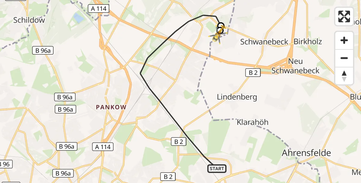Flugroute Rettungshubschrauber Berlin - Helios Clinic Berlin-Buch, 12 Oktober 2026, 13:15