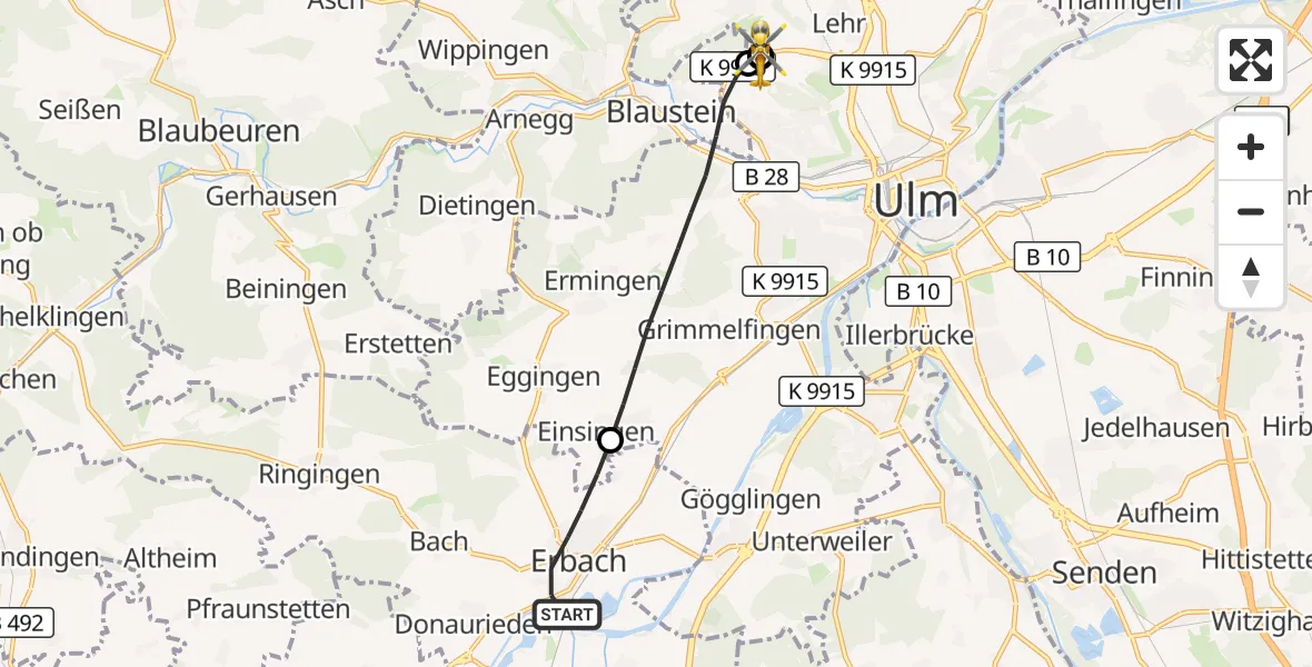 Flugroute Rettungshubschrauber Erbach - ADAC Air Rescue Station Ulm (Christoph 22), 12 Oktober 2026, 13:17