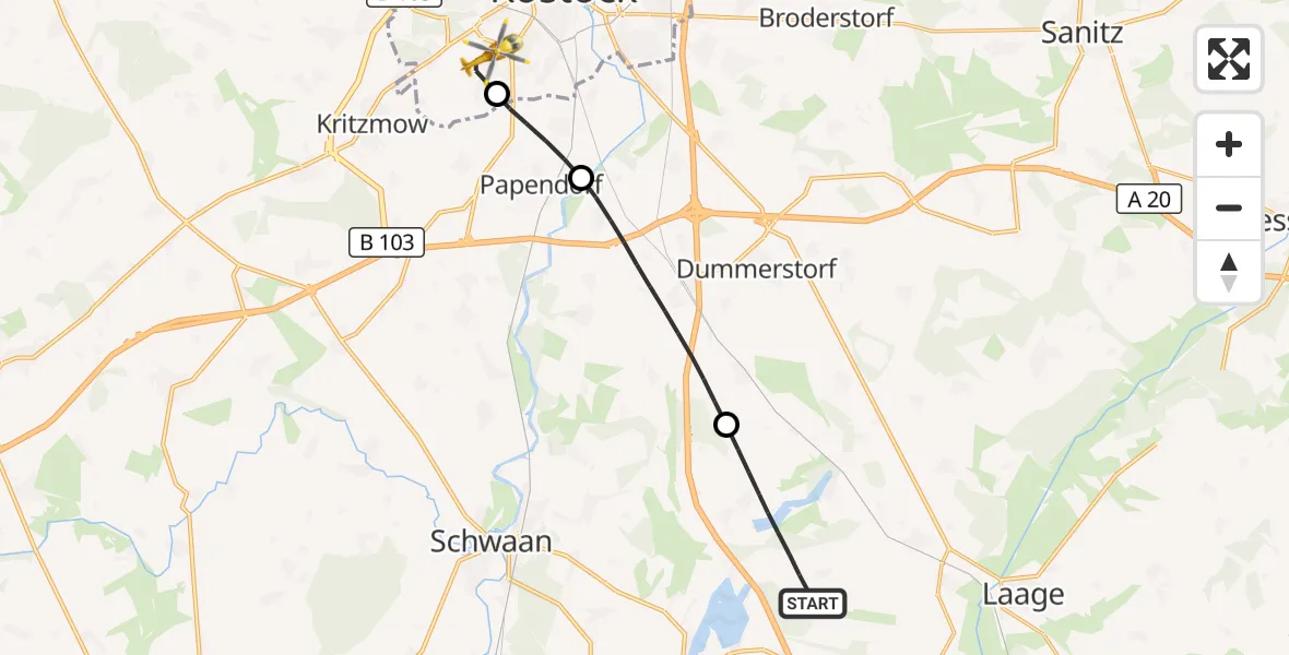 Flugroute Rettungshubschrauber Dolgen am See - Rostock, 12 Oktober 2026, 13:17