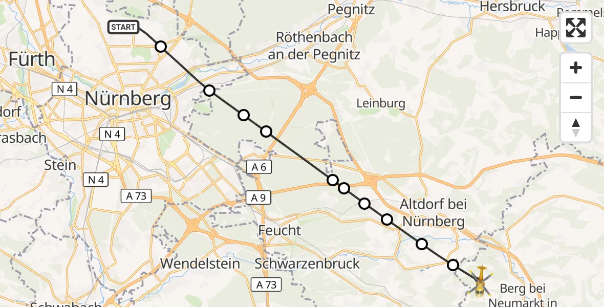 Flugroute Ambulanzhubschrauber Flughafen Nuremberg - Berg b.Neumarkt i.d.OPf., 12 Oktober 2026, 13:18