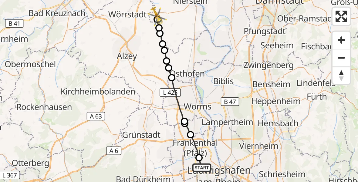 Flugroute Rettungshubschrauber Ludwigshafen am Rhein - Undenheim, 12 Oktober 2026, 13:19