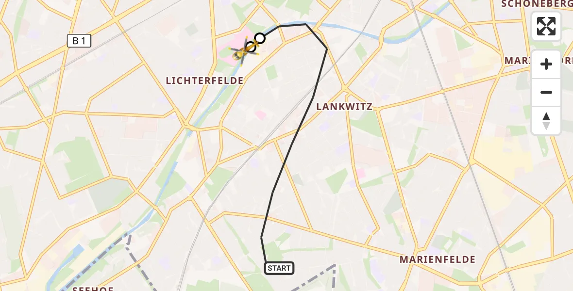 Flugroute Rettungshubschrauber Berlin - Charité Clinic Benjamin Franklin Campus, 12 Oktober 2026, 13:20