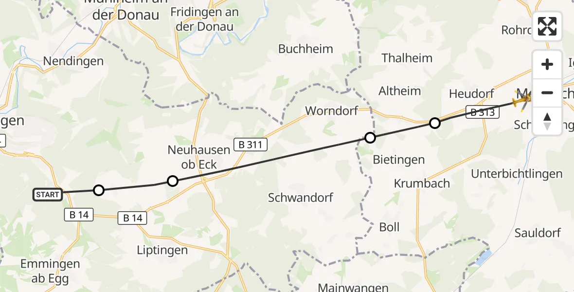 Flugroute Ambulanzhubschrauber Tuttlingen - Meßkirch, 12 Oktober 2026, 13:22