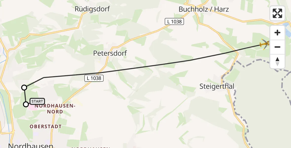 Flugroute Rettungshubschrauber Südharz Hospital Nordhausen - Nordhausen, 12 Oktober 2026, 13:27