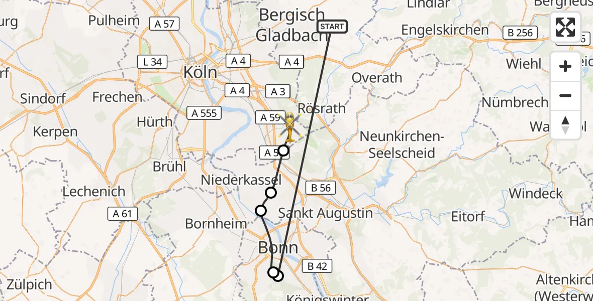 Flugroute Ambulanzhubschrauber Bergisch Gladbach - Köln Bonn Flughafen, 12 Oktober 2026, 13:38