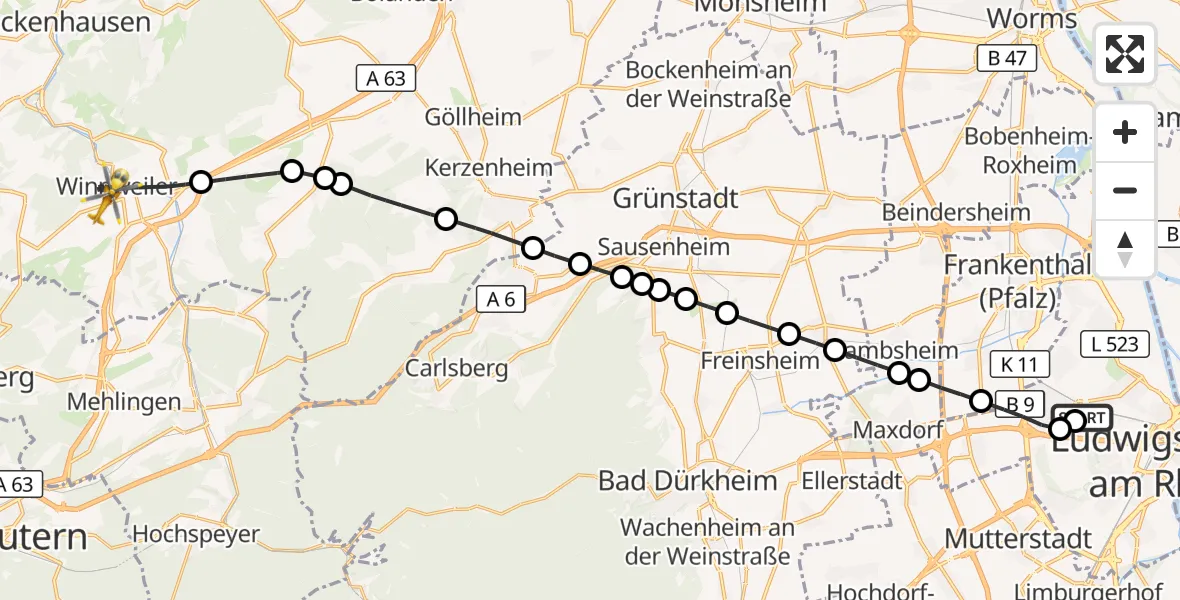 Flugroute Rettungshubschrauber Ludwigshafen Accident Hospital - Winnweiler, 12 Oktober 2026, 13:43