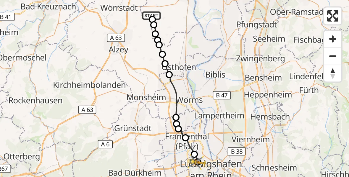 Flugroute Rettungshubschrauber Undenheim - Ludwigshafen Accident Hospital, 12 Oktober 2026, 13:53