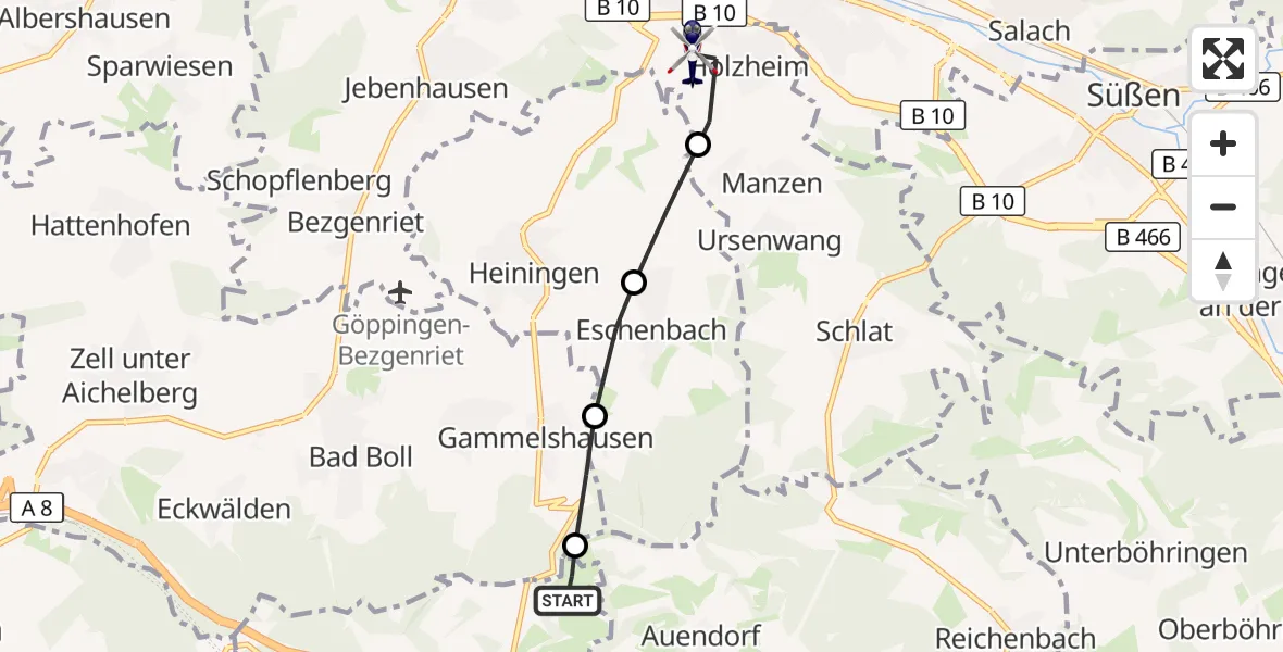 Flugroute Polizeihubschrauber Gruibingen-Nortel Flugplatz - Göppingen, 12 Oktober 2026, 13:56