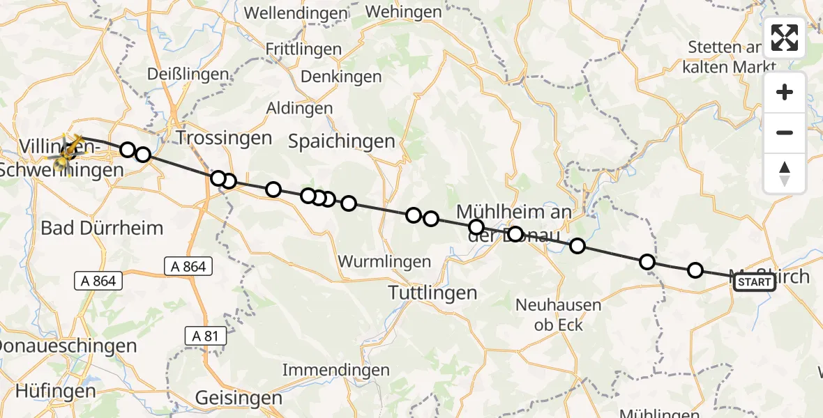 Flugroute Ambulanzhubschrauber Meßkirch - DRF Air Rescue Station Villingen-Schwenningen Hubschrauberlandeplatz (Christoph 11), 12 Oktober 2026, 14:04