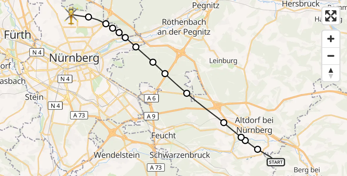 Flugroute Ambulanzhubschrauber Berg b.Neumarkt i.d.OPf. - Flughafen Nuremberg, 12 Oktober 2026, 14:05