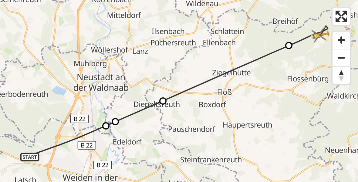 Flugroute Ambulanzhubschrauber Weiden i.d.OPf. - Flossenbürg, 12 Oktober 2026, 14:12