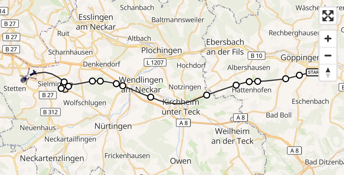 Flugroute Polizeihubschrauber Göppingen - Flughafen Stuttgart, 12 Oktober 2026, 14:15