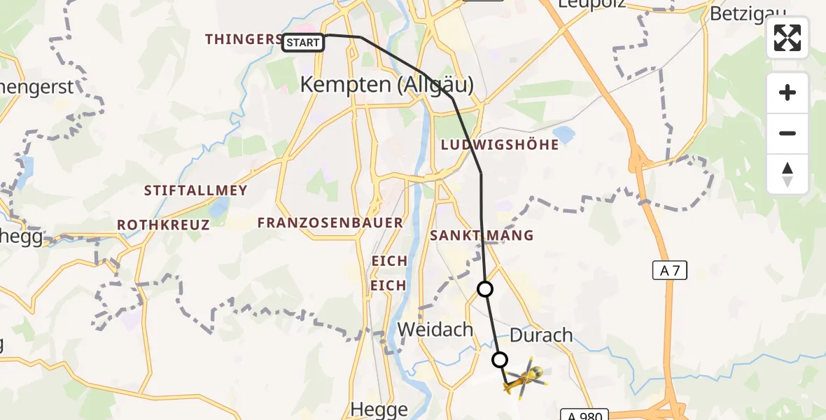 Flugroute Rettungshubschrauber Kempten (Allgäu) - Kempten-Durach Flugplatz, 12 Oktober 2026, 14:15