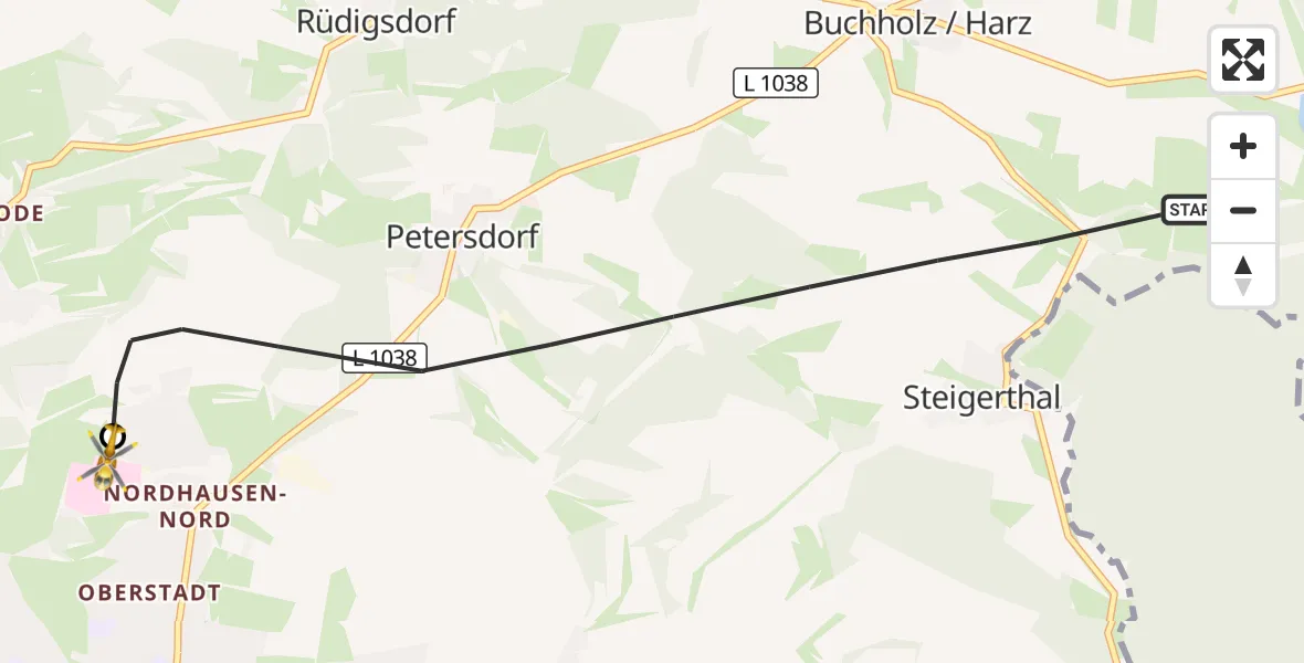 Flugroute Rettungshubschrauber Nordhausen - Südharz Hospital Nordhausen, 12 Oktober 2026, 14:17