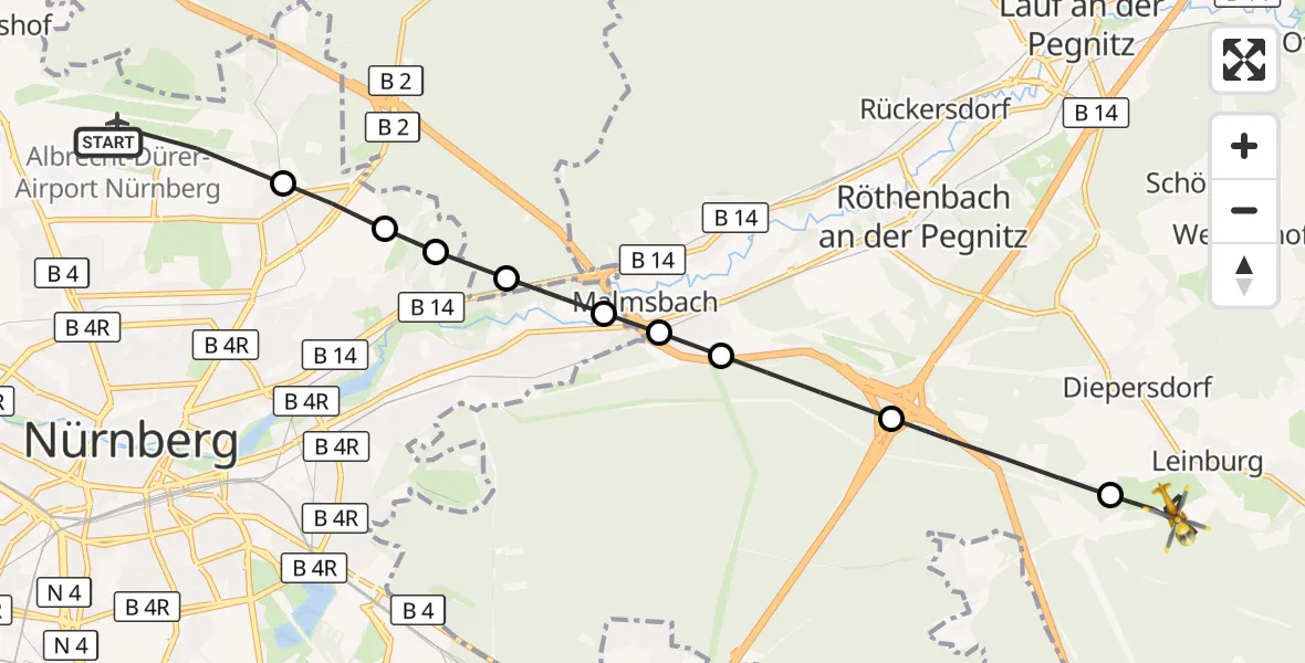 Flugroute Ambulanzhubschrauber Flughafen Nuremberg - Leinburg, 12 Oktober 2026, 14:20