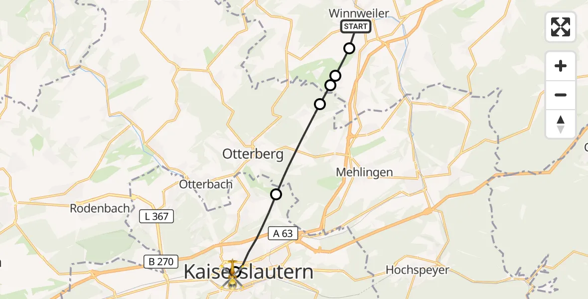 Flugroute Rettungshubschrauber Winnweiler - Westpfalz Hospital Kaiserslautern, 12 Oktober 2026, 14:27