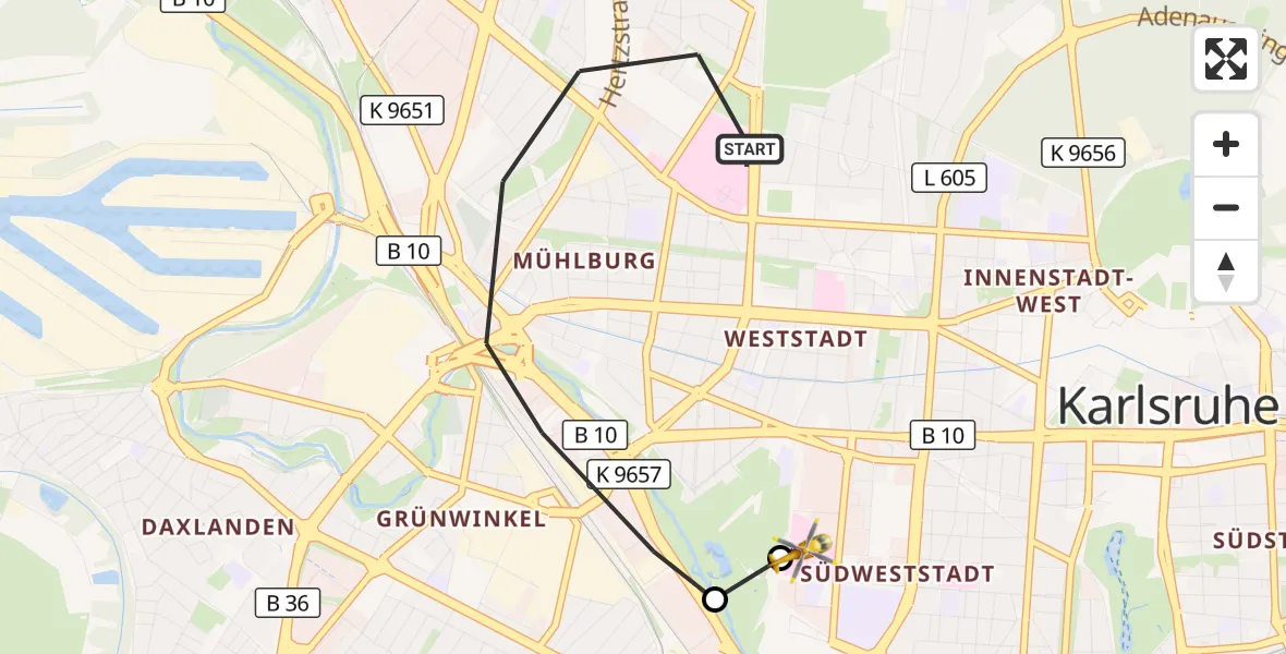 Flugroute Ambulanzhubschrauber Karlsruhe - Sankt Vincentius Hospital, 12 Oktober 2026, 14:50