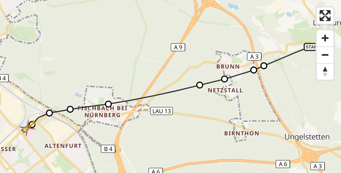 Flugroute Ambulanzhubschrauber Leinburg - Nürnberg South Hospital, 12 Oktober 2026, 15:12