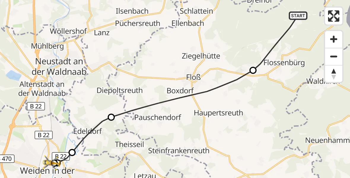 Flugroute Ambulanzhubschrauber Flossenbürg - Weiden Hospital, 12 Oktober 2026, 15:18