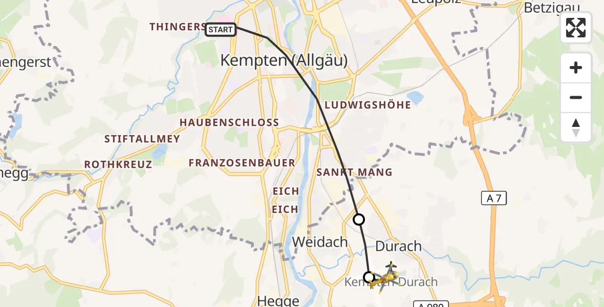 Flugroute Rettungshubschrauber Kempten (Allgäu) - Kempten-Durach Flugplatz, 12 Oktober 2026, 15:25